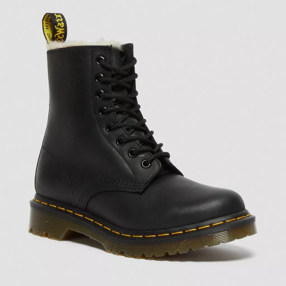 DR. MARTENS 1460 FAUX FUR LINED LACE-UP BOOT, BLACK SZ 7